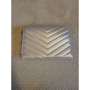 Neiman Marcus Bag Purse Silver Metallic Faux Leather Wristlet Clutch